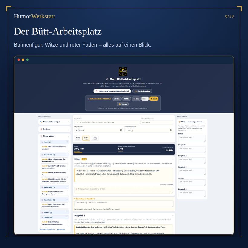 Der Bütt-Arbeitsplatz mit Bühnenfigur, ausgewählten Witzen und rotem Faden