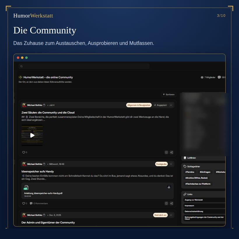 Die Community der HumorWerkstatt mit Beiträgen und Austausch